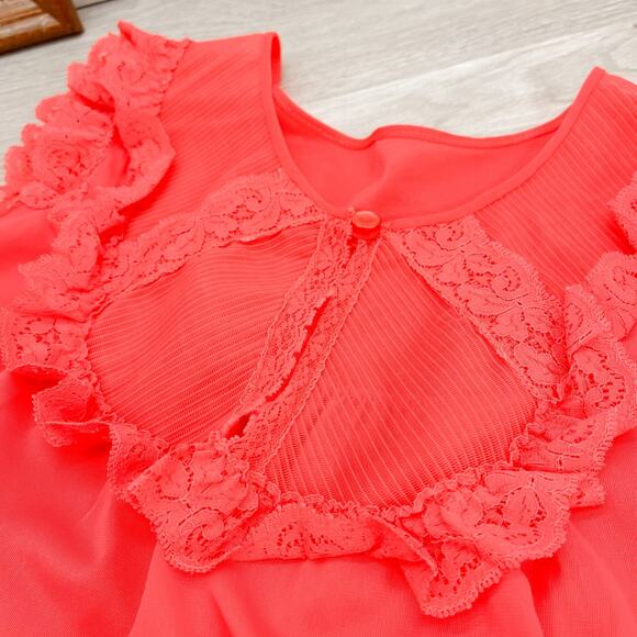 Vintage Shadowline Nylon Nightgown M Medium Red Sleeveless Silky Lace Sweep - Picture 9 of 16